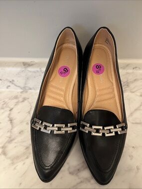 Adrienne Vittadini Black Pointed Toe Loafers with Silver Chain